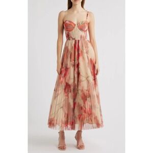 NWT HUTCH Brianna Smocked Tulle Gown Taupe/Red Size Large Summer Party Cocktail